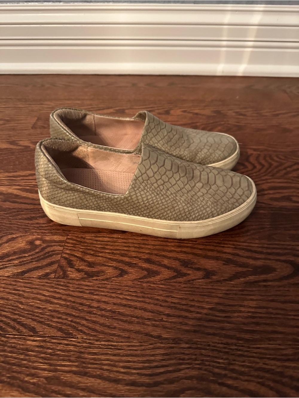 J Slides Women's Slip-On Sneakers in Olive Green Snake-Embossed